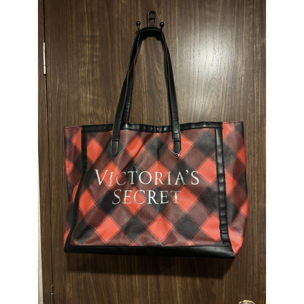 Victoria’s Secret Red/Black Buffalo Plaid PU Weekender Tote Bag Lightweight